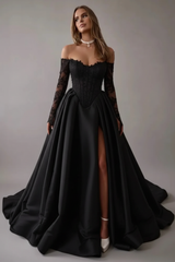 Gorgeous Off-the-Shoulder Satin Aline Wedding Dresses Front Split Long Sleeves Bridal Gown