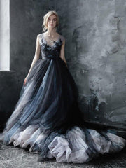 Black Gothic Wedding Dresses Dramatic A-Line Lace Bridal Gown