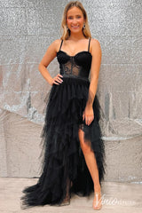 Black High-Low Sheer Lace Homecoming Dresses Ruffled Spaghetti Strap Party Dress SD1659