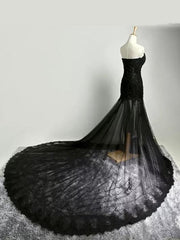 Black Lace Applique Wedding Dress with Lace-Up Back Gothic Bridal Gown