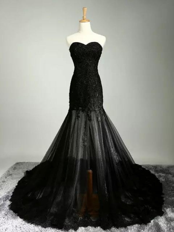 Black Lace Applique Wedding Dress with Lace-Up Back Gothic Bridal Gown