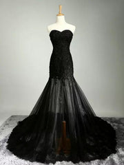 Black Lace Applique Wedding Dress with Lace-Up Back Gothic Bridal Gown