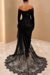 Black Lace Asymmetric Prom Dress Long with High Slit