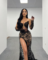 Black Lace Long Prom Dress with High Slit Gown Gloves Design