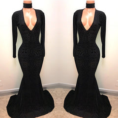 Black Lace V-Neck Prom Party Gowns| Mermaid Long-Sleeve Evening Gowns