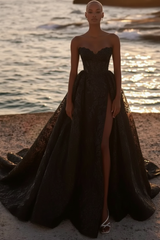 Strapless Aline Bridal Dress Lace Appliques Beach Wedding Dress with Front Split