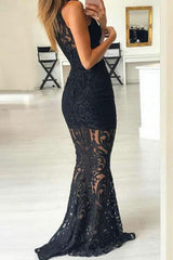 Black Mermaid High Neck Sleeveless Lace Prom Dress Evening Dress Sweep Train