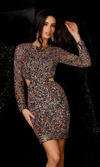 Aleta Short Long-Sleeve Multi-Sequin Party Dress