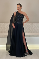 One-Shoulder Sleeveless Chiffon Evening Dresses Long with Side Slit
