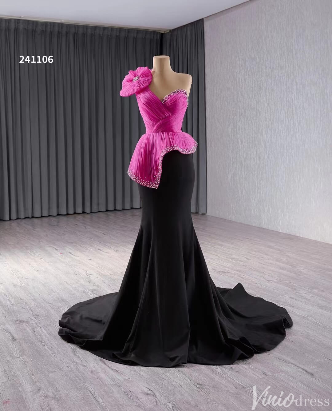 Black Pink Mermaid Prom Dresses One Shoulder Pageant Gown 241106