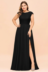 Plus Size Bridesmaid Dress Lace with Split Cap Sleeves Chiffon Wedding Guest Dress