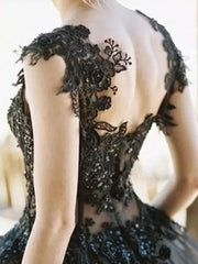 Black Princess Wedding Dresses Sleeveless Lace Court Train Bridal Gown