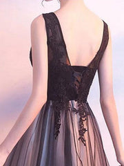 Black Prom Dresses Long V Neck Lace Tulle Sleeveless Aline Formal Evening Dress