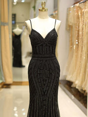 Black Prom Dresses Mermaid Luxury Heavy Beaded Straps Long Formal Evening Dress