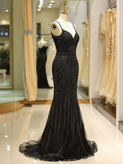 Black Prom Dresses Mermaid Luxury Heavy Beaded Straps Long Formal Evening Dress