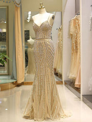 Black Prom Dresses Mermaid Luxury Heavy Beaded Straps Long Formal Evening Dress