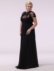 Black Prom Dresses Plus Size Evening Dress Chiffon Lace Applique Illusion Short Sleeves Floor Length Wedding Guest Dress