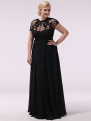 Black Prom Dresses Plus Size Evening Dress Chiffon Lace Applique Illusion Short Sleeves Floor Length Wedding Guest Dress