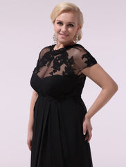 Black Prom Dresses Plus Size Evening Dress Chiffon Lace Applique Illusion Short Sleeves Floor Length Wedding Guest Dress
