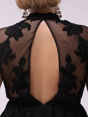 Black Prom Dresses Plus Size Evening Dress Chiffon Lace Applique Illusion Short Sleeves Floor Length Wedding Guest Dress