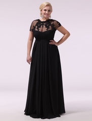 Black Prom Dresses Plus Size Evening Dress Chiffon Lace Applique Illusion Short Sleeves Floor Length Wedding Guest Dress