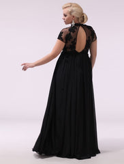 Black Prom Dresses Plus Size Evening Dress Chiffon Lace Applique Illusion Short Sleeves Floor Length Wedding Guest Dress