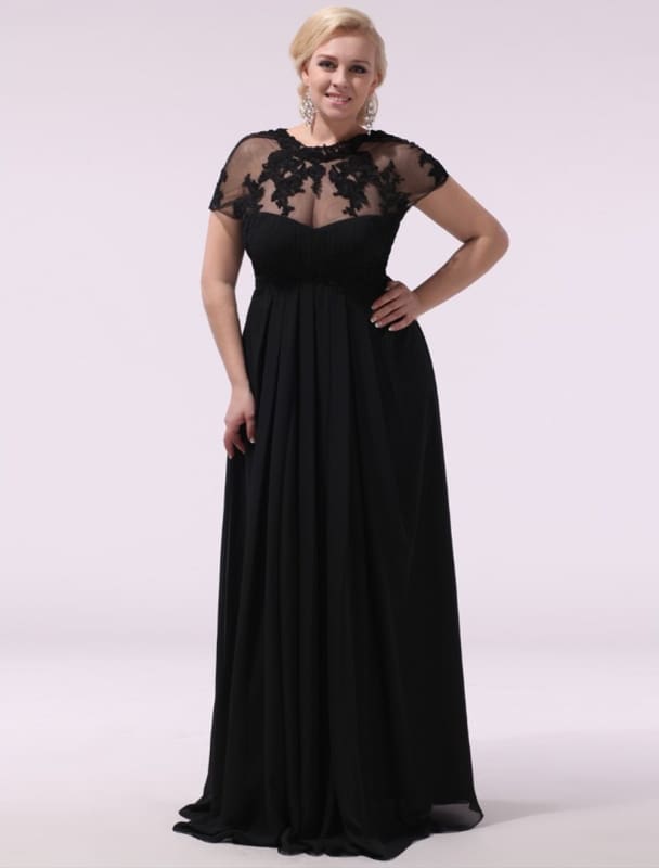 Black Prom Dresses Plus Size Evening Dress Chiffon Lace Applique Illusion Short Sleeves Floor Length Wedding Guest Dress
