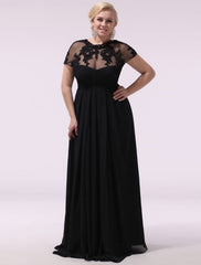 Black Prom Dresses Plus Size Evening Dress Chiffon Lace Applique Illusion Short Sleeves Floor Length Wedding Guest Dress