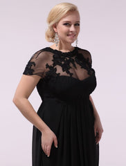 Black Prom Dresses Plus Size Evening Dress Chiffon Lace Applique Illusion Short Sleeves Floor Length Wedding Guest Dress