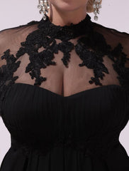 Black Prom Dresses Plus Size Evening Dress Chiffon Lace Applique Illusion Short Sleeves Floor Length Wedding Guest Dress
