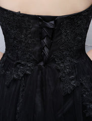 Black Prom Dresses Strapless Long Party Dress Lace Applique Sweetheart Illusion Formal Evening Dress