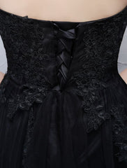Black Prom Dresses Strapless Long Party Dress Lace Applique Sweetheart Illusion Formal Evening Dress