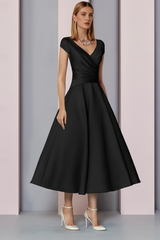 Navy Satin A-Line Mother of the Bride Dress V Neck Tea Length Wedding Guest Dress