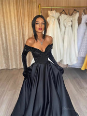 Black Satin A-Line Prom Dresses 2025 with Glove & Sweetheart Neck – FD5221