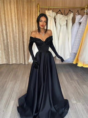 Black Satin A-Line Prom Dresses 2025 with Glove & Sweetheart Neck – FD5221