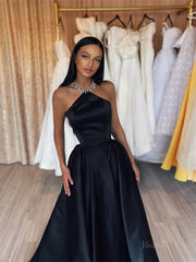 Black Satin A-Line Prom Dresses 2025 with Necklace & Halter Neck – FD5222