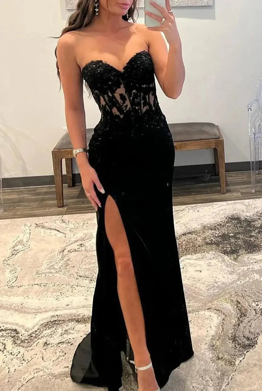 Black Satin Lace Mermaid Prom Dress 2025 with Sweetheart Neck & Slit – FD5016