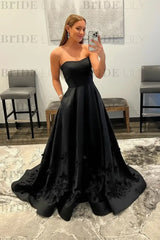 Strapless Light Blue Satin Prom Dresses 3D Flowers A-line Evening Dresses with Pocket