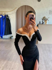 Black Satin Mermaid Prom Dresses 2025 Long Sleeve Formal Gown with High Slit FD5251