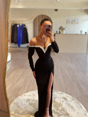 Black Satin Mermaid Prom Dresses 2025 Long Sleeve Formal Gown with High Slit FD5251