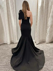 Black Satin Mermaid Prom Dresses 2025 with Bow & One Shoulder – FD5054