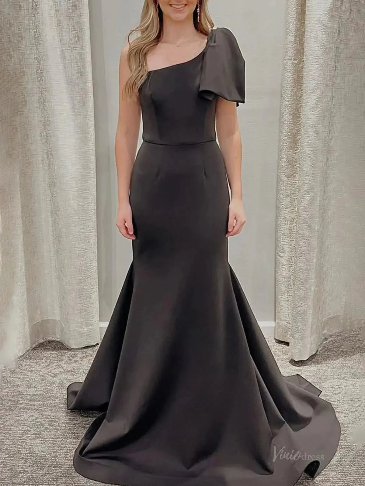 Black Satin Mermaid Prom Dresses 2025 with Bow & One Shoulder – FD5054