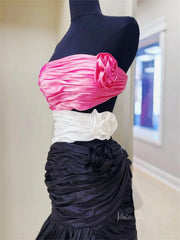Black Satin Mermaid Prom Dresses with 3D Flower & Ruched Bodice - FD6044
