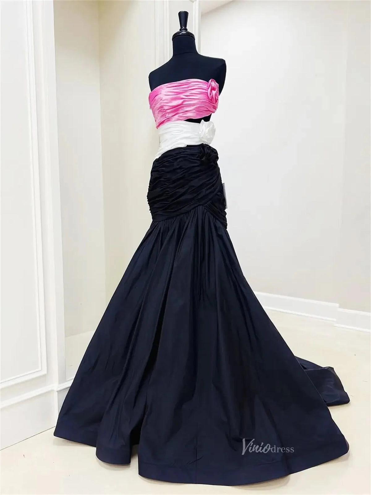 Black Satin Mermaid Prom Dresses with 3D Flower & Ruched Bodice - FD6044