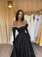 Black Satin Off the Shoulder Prom Dresses 2025 with Glove & Beaded Neckline – FD5223