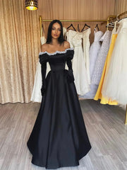 Black Satin Off the Shoulder Prom Dresses 2025 with Glove & Beaded Neckline – FD5223