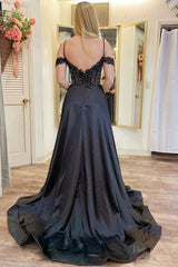 Black Satin Prom Dress 2025 with Slit, Spaghetti Strap, Pockets, Beaded Lace – FD5009