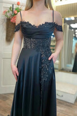 Black Satin Prom Dress 2025 with Slit, Spaghetti Strap, Pockets, Beaded Lace – FD5009