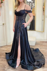 Black Satin Prom Dress 2025 with Slit, Spaghetti Strap, Pockets, Beaded Lace – FD5009