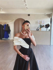 Black Satin Prom Dresses 2025 Off the Shoulder Formal Gown with High Slit FD5249